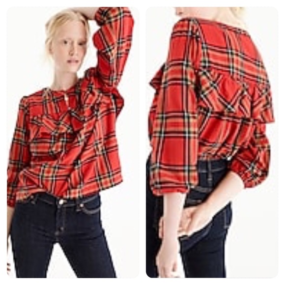 J. Crew Tops - J Crew Ruffle Top  Festive PlaidRed